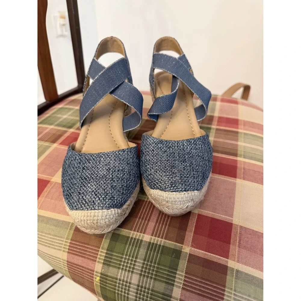 Easy Spirit Blue Espadrille Wedge Sandals | Elastic Strap Comfort Summer Shoes 7